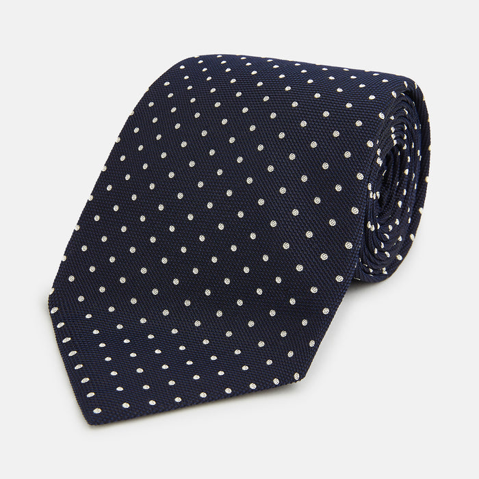 Silver and Navy Micro Dot Silk Tie