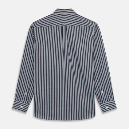 Navy Multi Stripe Weekend Fit Wool Shirt with Derby Collar and 1 Button Cuffs Image 4