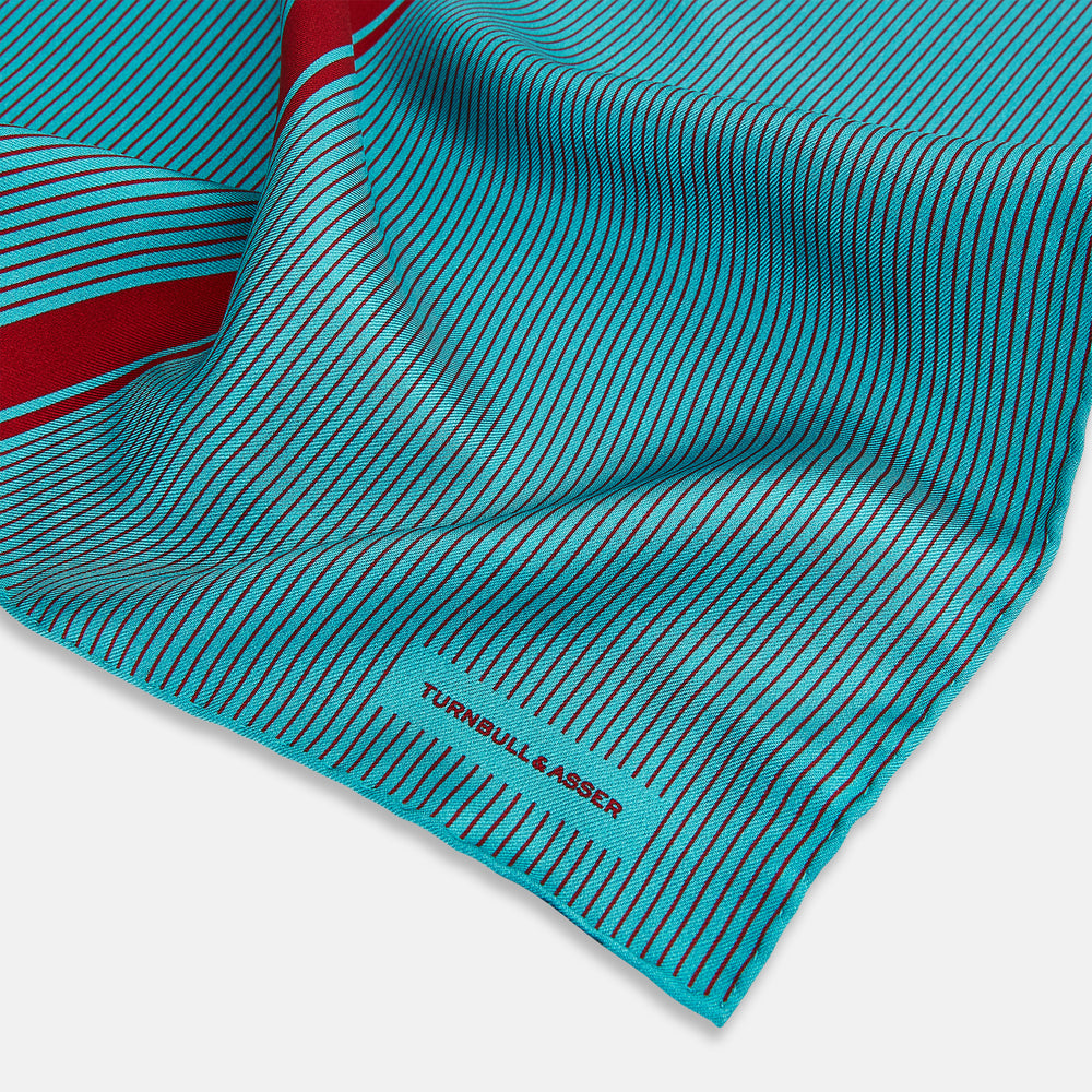 Turquoise and Red Stripe Silk Pocket Square