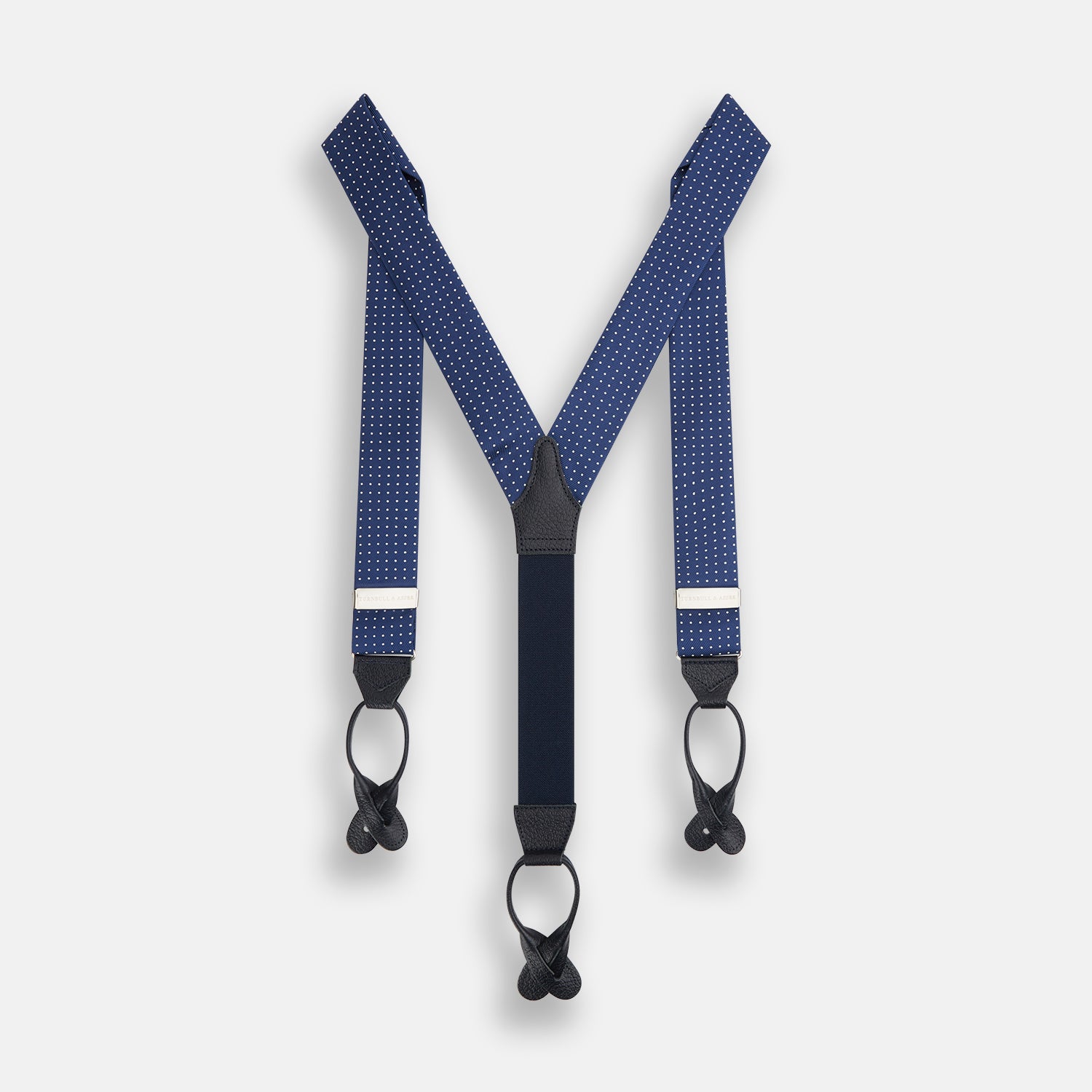 View 2 of product Navy & White Small Spot Adjustable Silk and Navy Leather Braces