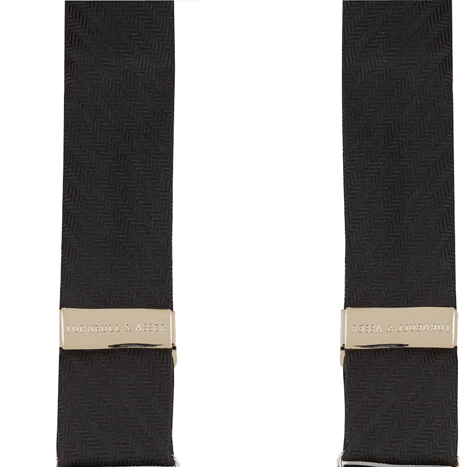 View 5 of product The Turnbull & Asser Black Herringbone Adjustable Silk Braces feature leather button loops and silver metal clips, shown on a white background—an elegant accessory to elevate any outfit.