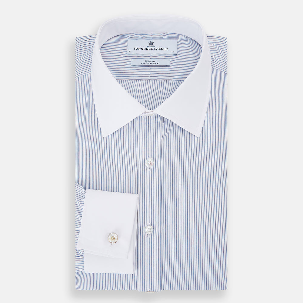 Navy and Blue Ticking Stripe Shirt with Contrast Collar and Double Cuffs