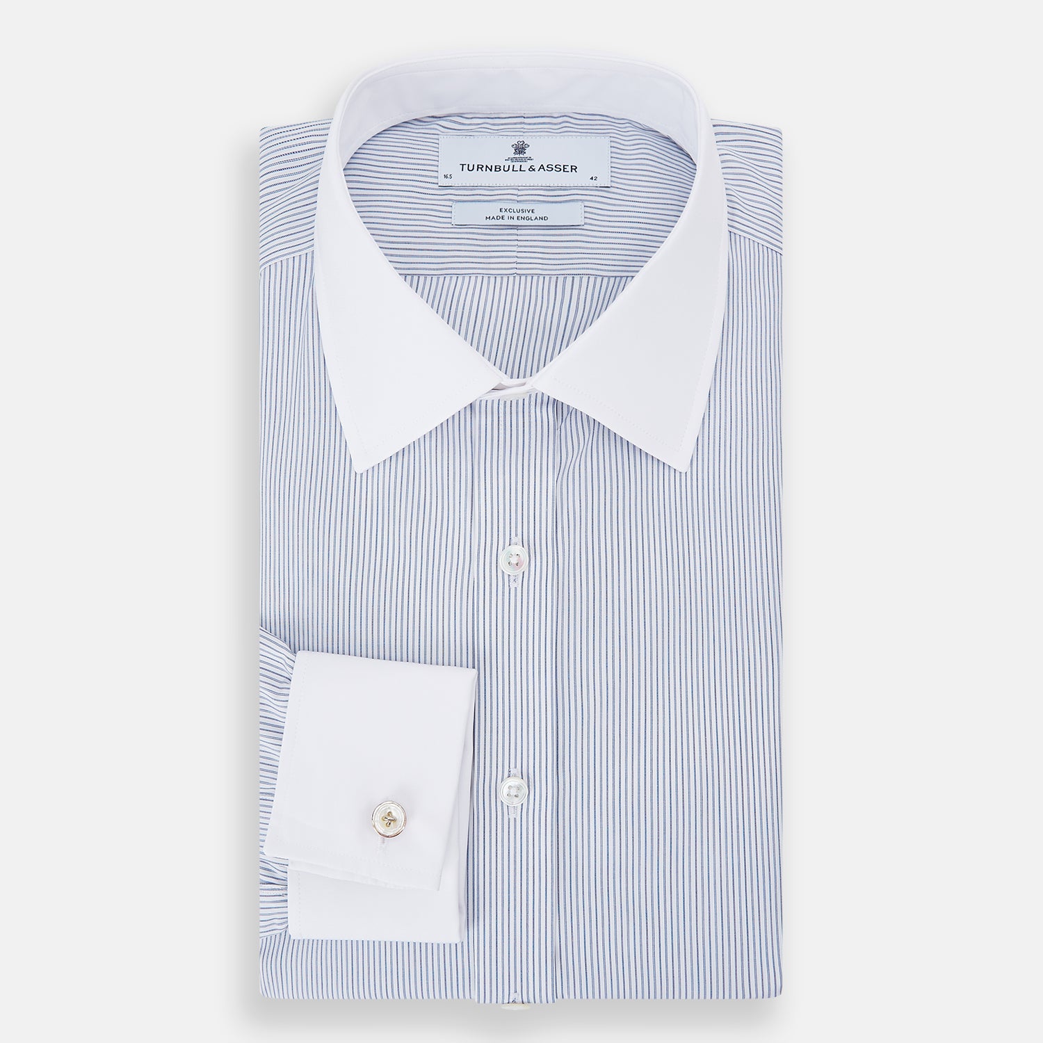 View 5 of product Navy and Blue Ticking Stripe Shirt with Contrast Collar and Double Cuffs