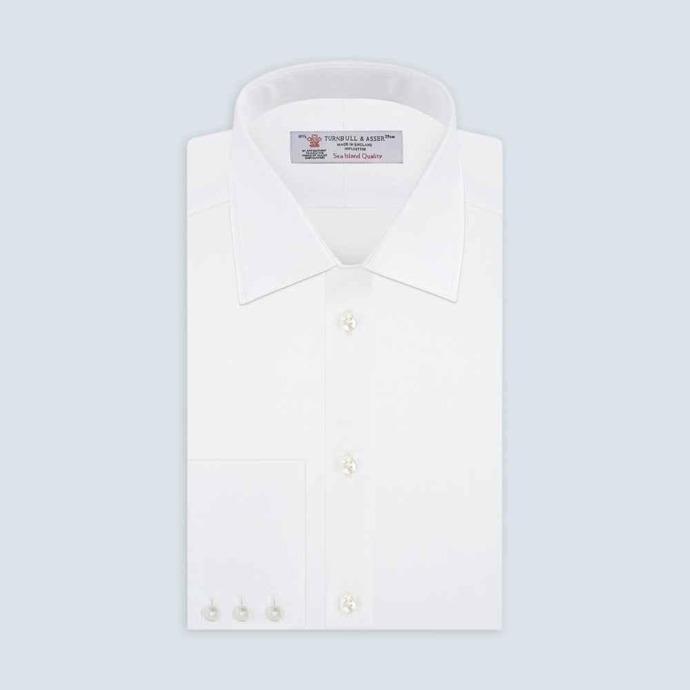White Self-On-Self Herringbone Sea Island Quality Cotton Shirt with T&amp;A Collar and 3-Button Cuffs