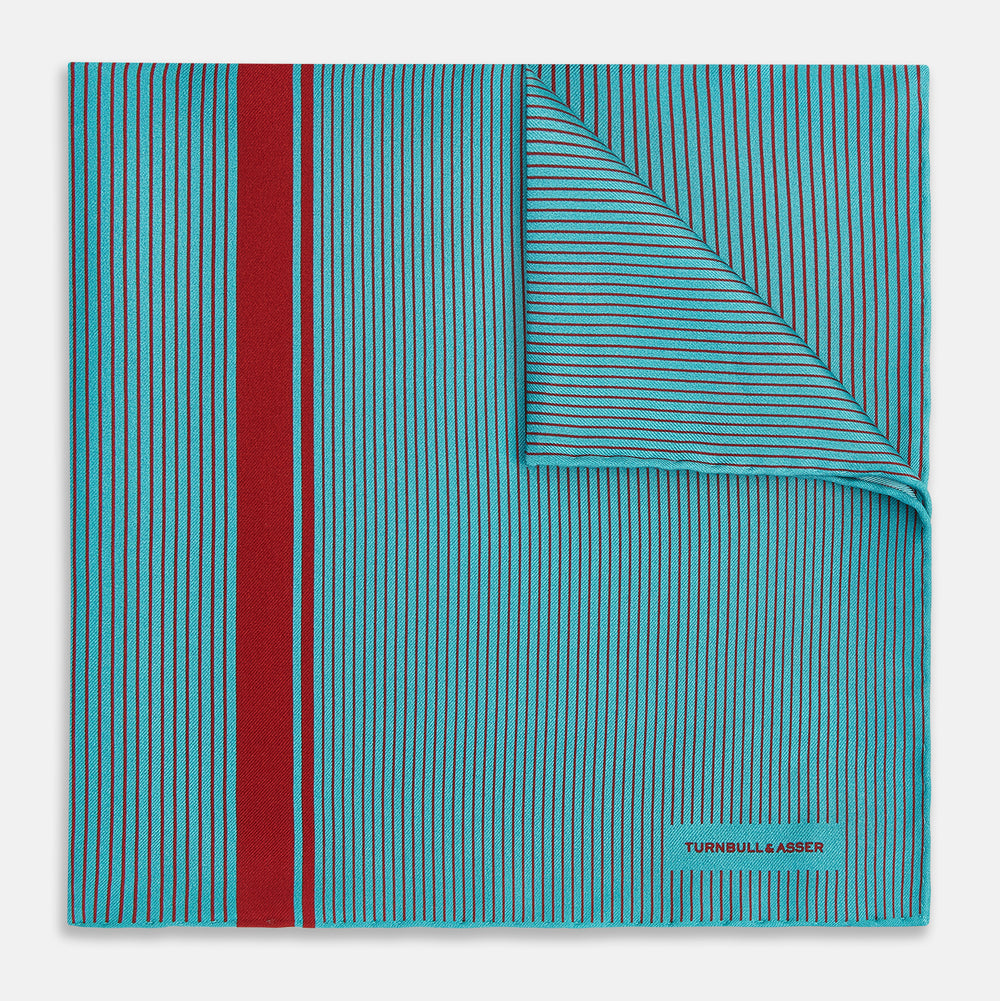 Turquoise and Red Stripe Silk Pocket Square