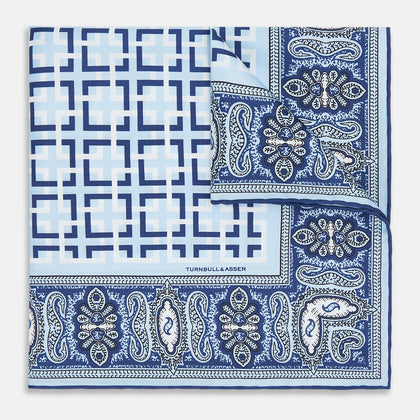 Blue Square-Patterned and Paisley Patterned Silk Pocket Square Image 5