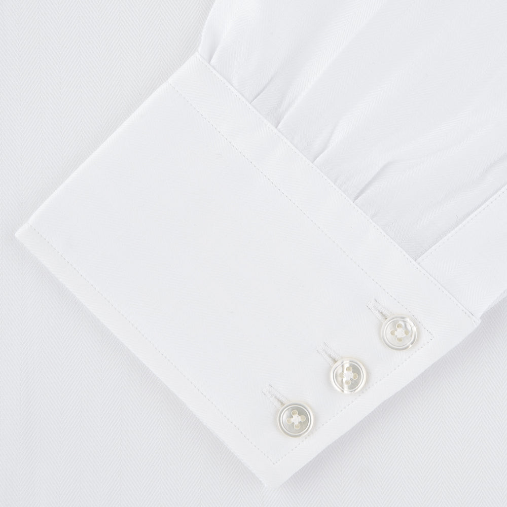White Self-On-Self Herringbone Sea Island Quality Cotton Shirt with T&amp;A Collar and 3-Button Cuffs