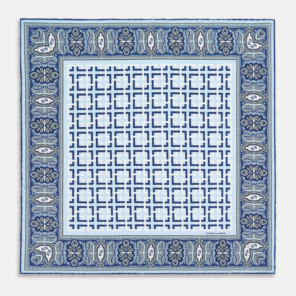 Blue Square-Patterned and Paisley Patterned Silk Pocket Square