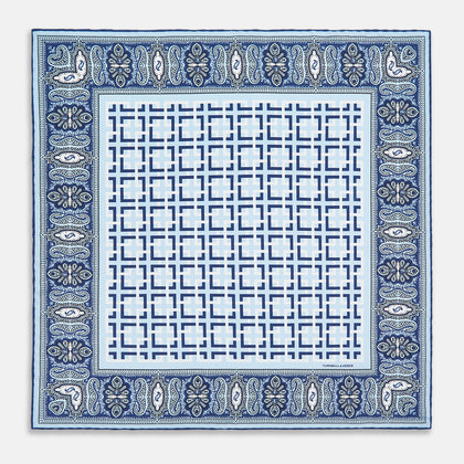 Blue Square-Patterned and Paisley Patterned Silk Pocket Square Image 8