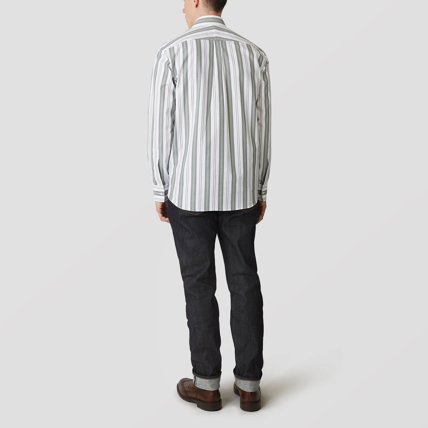 View 3 of product Green, Blue & White Stripe Weekend Fit Shirt with Derby Collar & 1-Button Cuffs