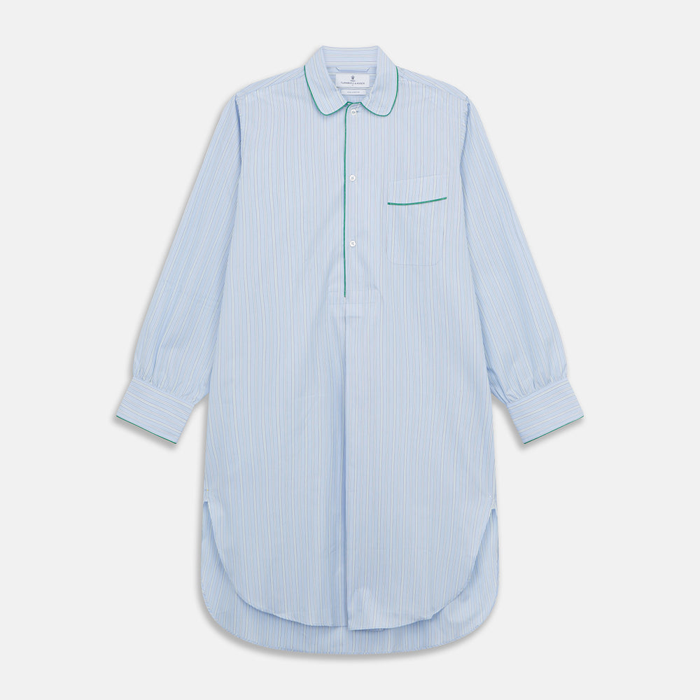 Blue and Green Stripe Poplin Cotton Nightshirt