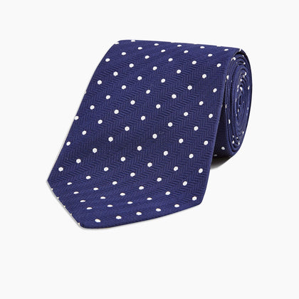 Navy and White Spot Woven Herringbone Silk Tie Image 4