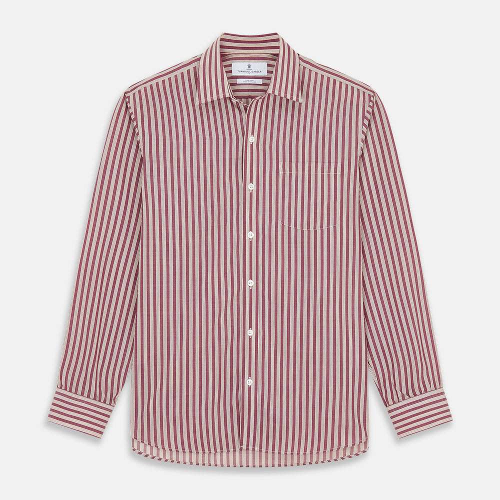 Burgundy Multi Stripe Weekend Fit Wool Shirt with Derby Collar and 1 Button Cuffs
