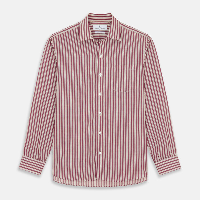 Burgundy Multi Stripe Weekend Fit Wool Shirt with Derby Collar and 1 Button Cuffs