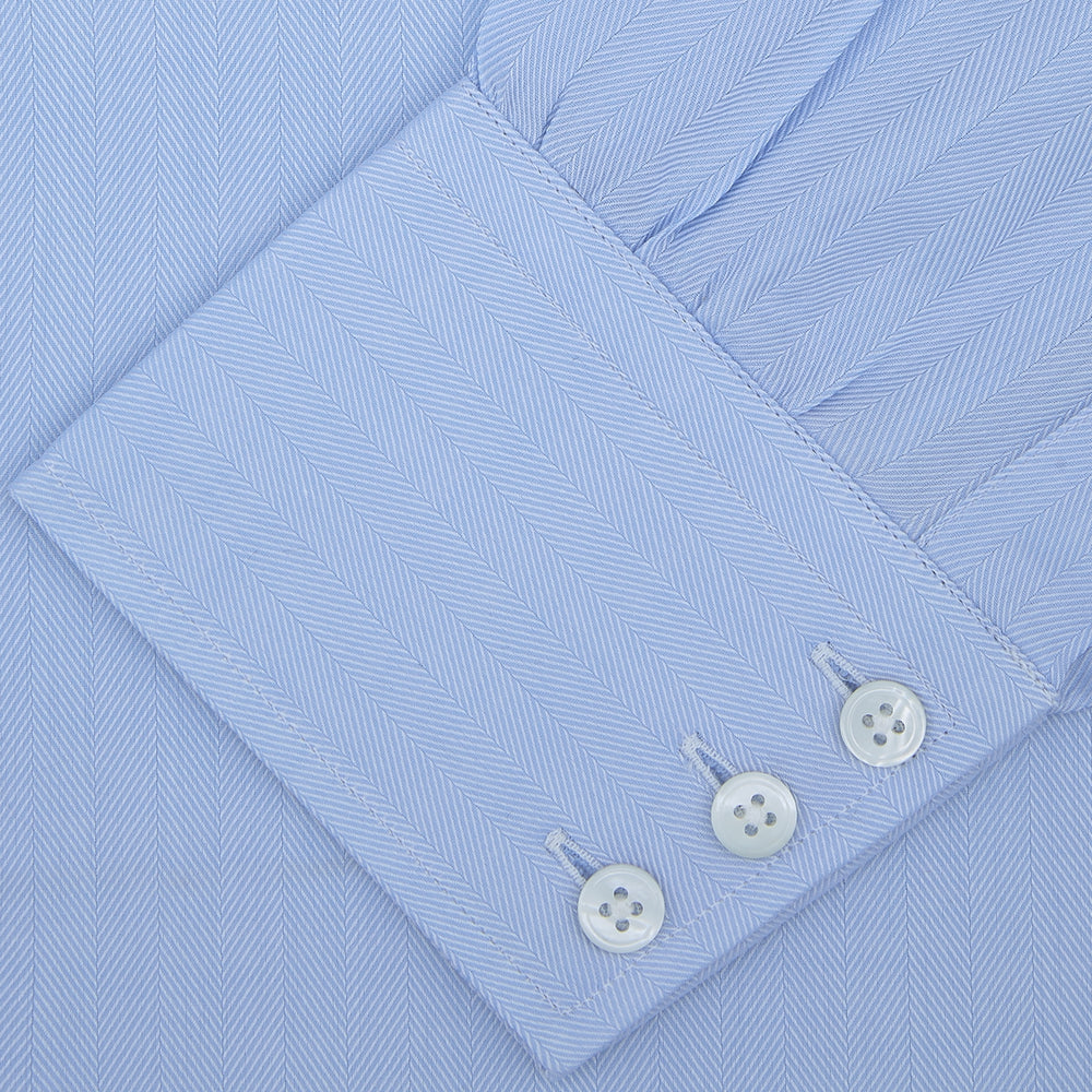 Light Blue Herringbone Superfine Cotton Shirt with T&amp;A Collar and 3-Button Cuffs