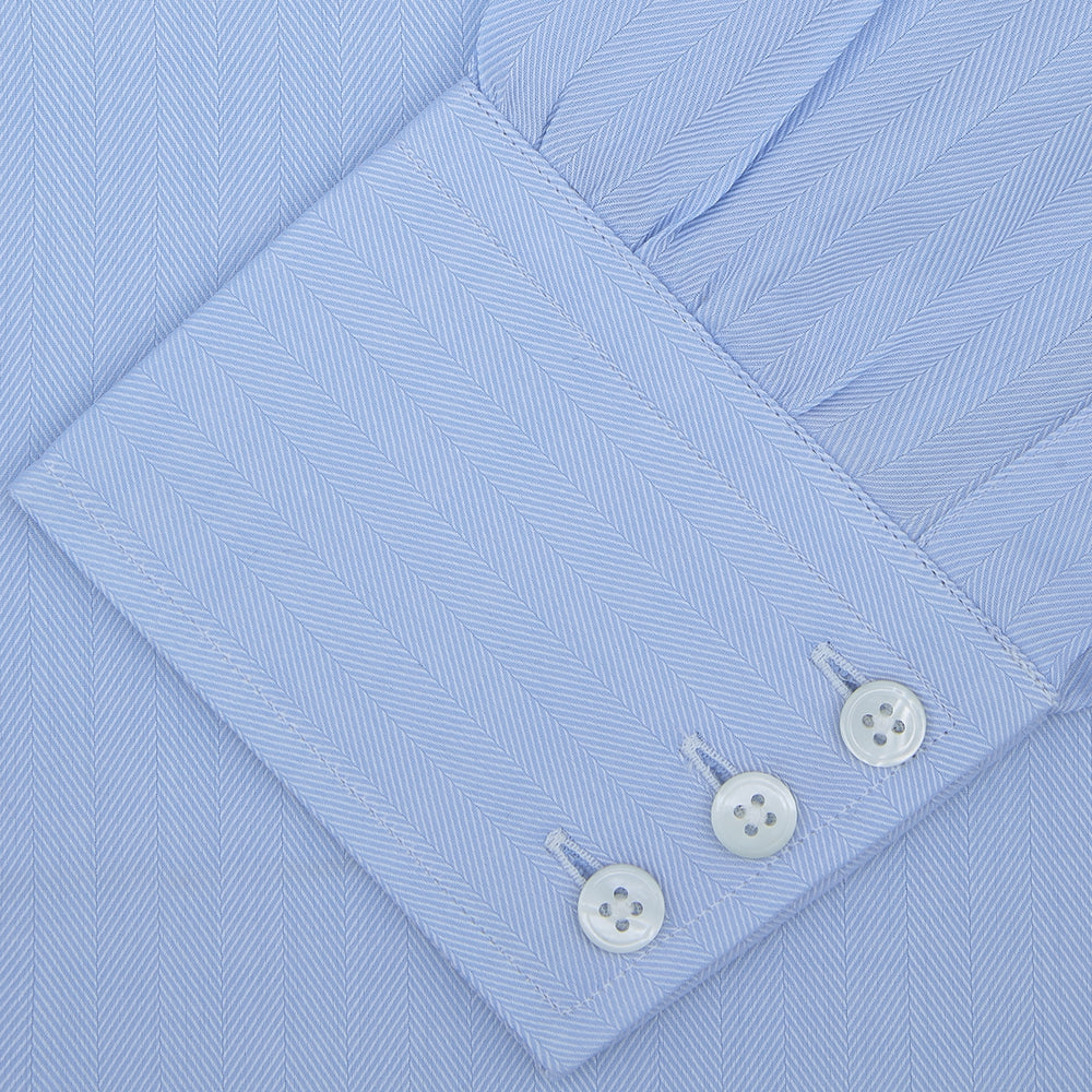 Light Blue Herringbone Superfine Cotton Shirt with T&A Collar and 3-Button Cuffs