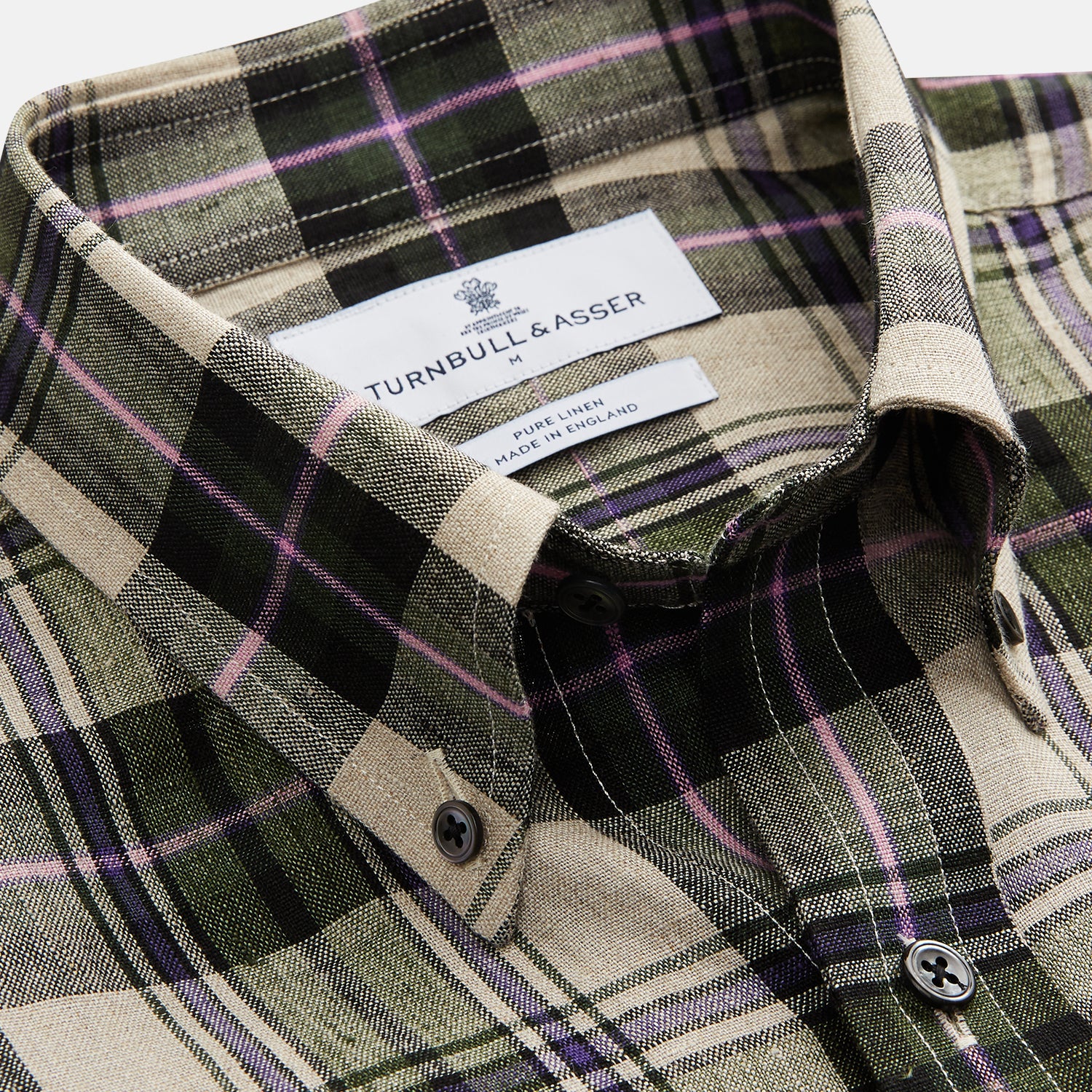 Green & Purple Check Weekend Fit Linen Shirt with Dorset Collar and 1 Button Cuffs