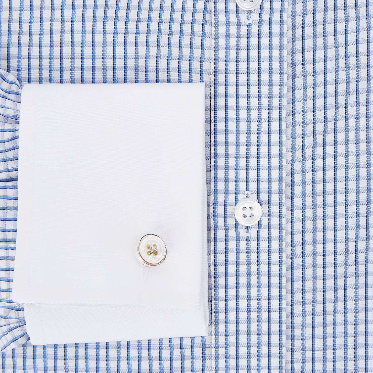 View 4 of product Sky Blue Micro Shadow Check Shirt with Contrast Collar and Double Cuffs
