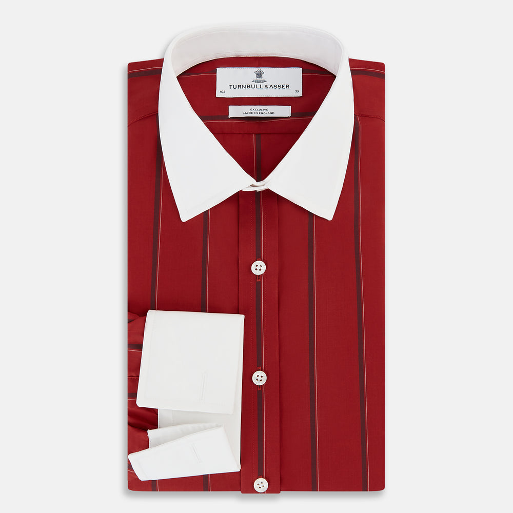 Turnbull & Asser Dark Red Track Stripe Shirt With Contrast T&A Collar And Cuffs
