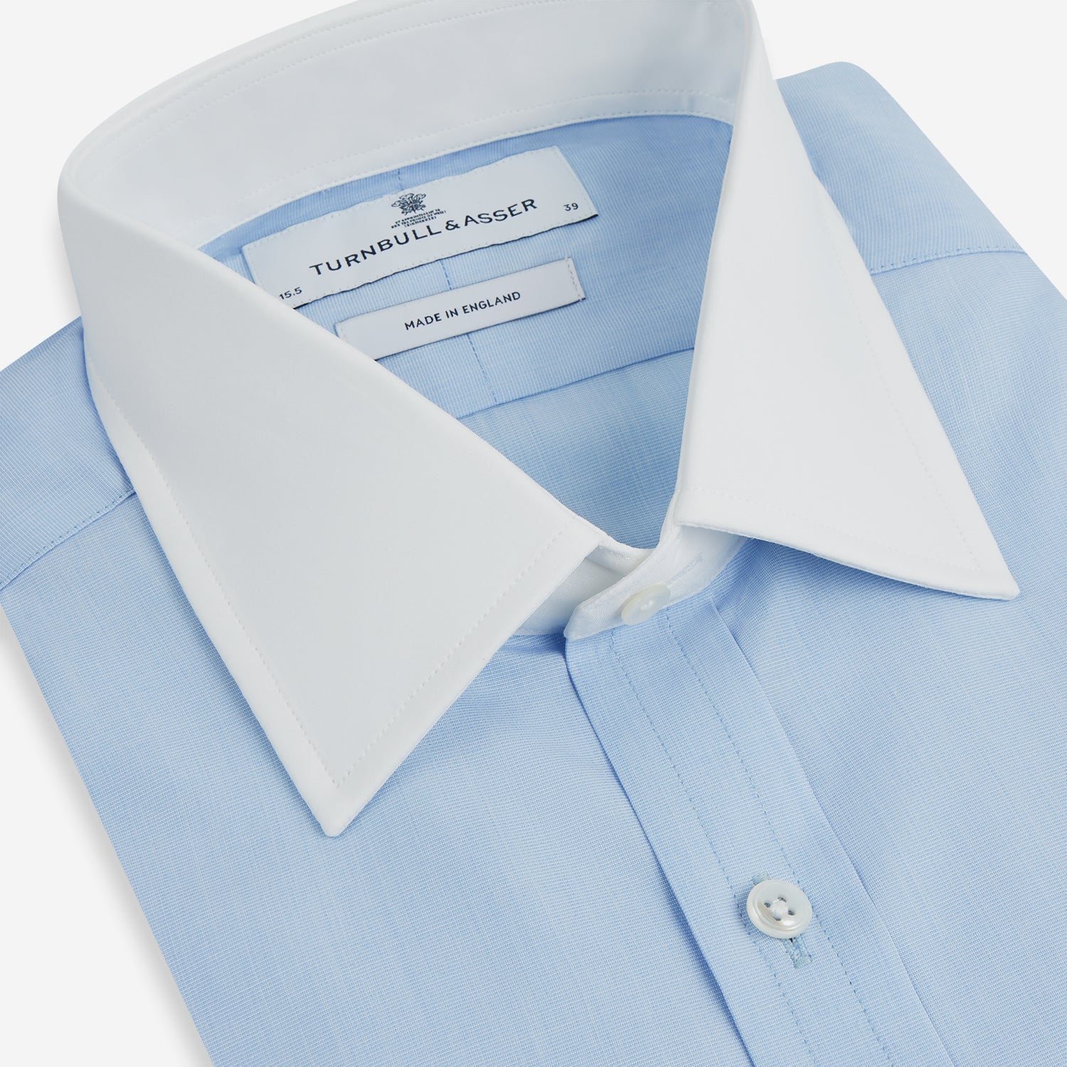 Light Blue End-on-end Shirt With Contrast T&A Collar And Double Cuffs Turnbull & Asser Men's High Quality Shirt Regular Fit Size: 16.5