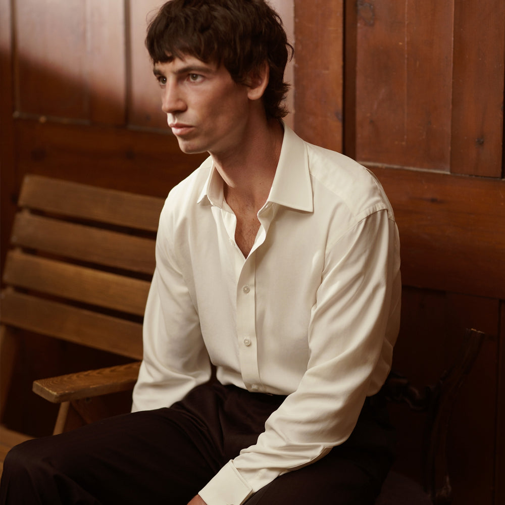 Cream Silk Shirt with T&A Collar and 3-Button Cuffs