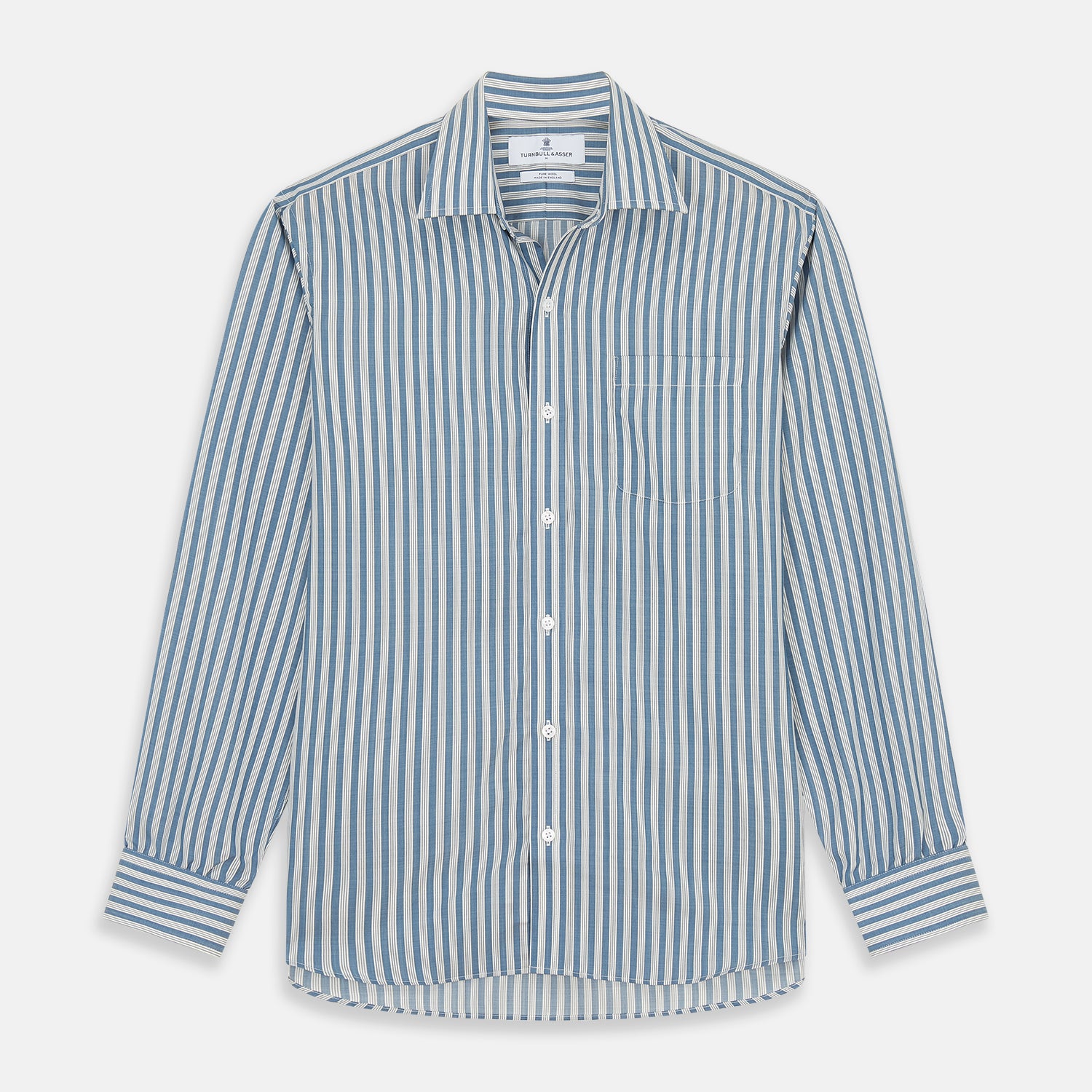 Pale Blue Multi Stripe Weekend Fit Wool Shirt with Derby Collar and 1 Button Cuffs