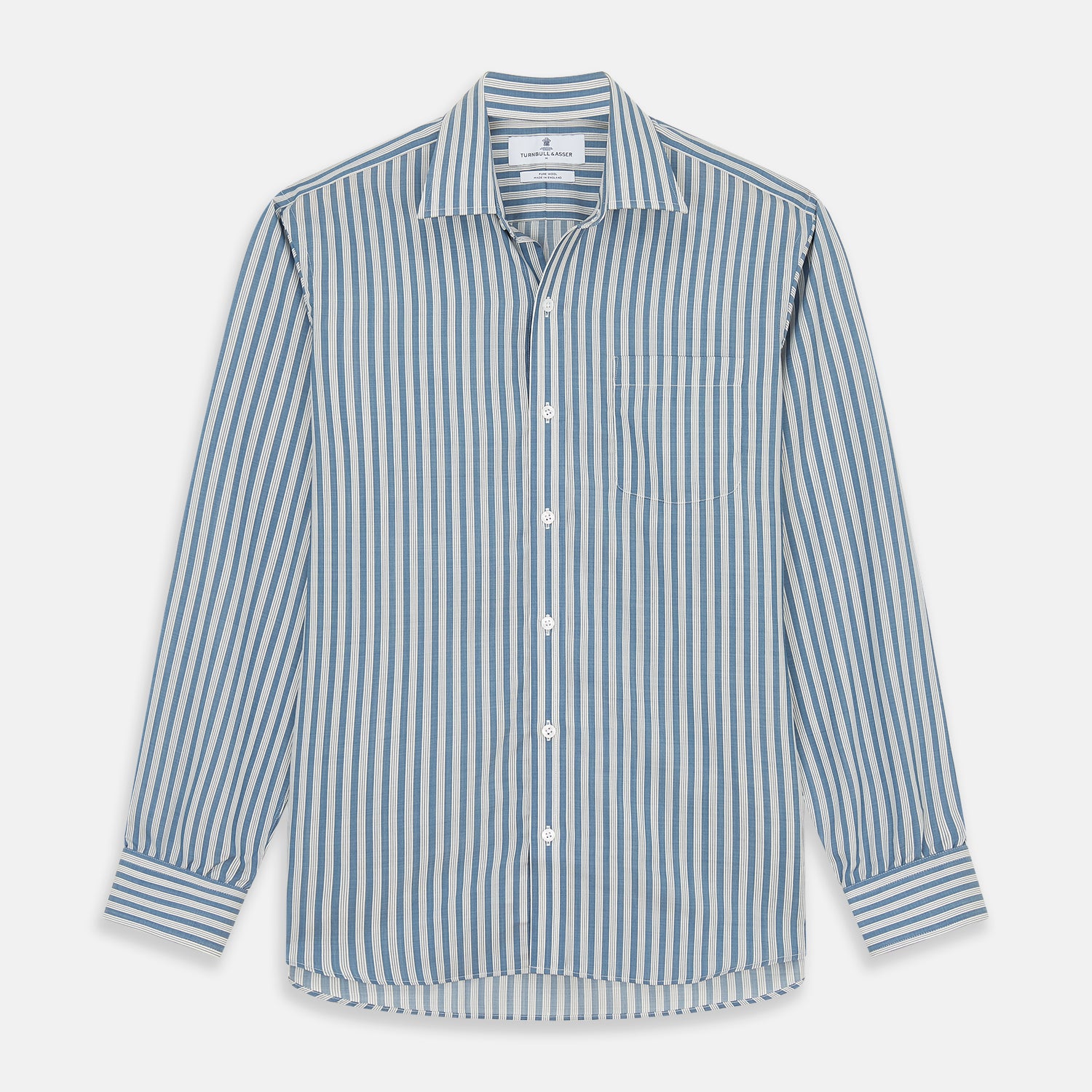 View 1 of product Pale Blue Multi Stripe Weekend Fit Wool Shirt with Derby Collar and 1 Button Cuffs