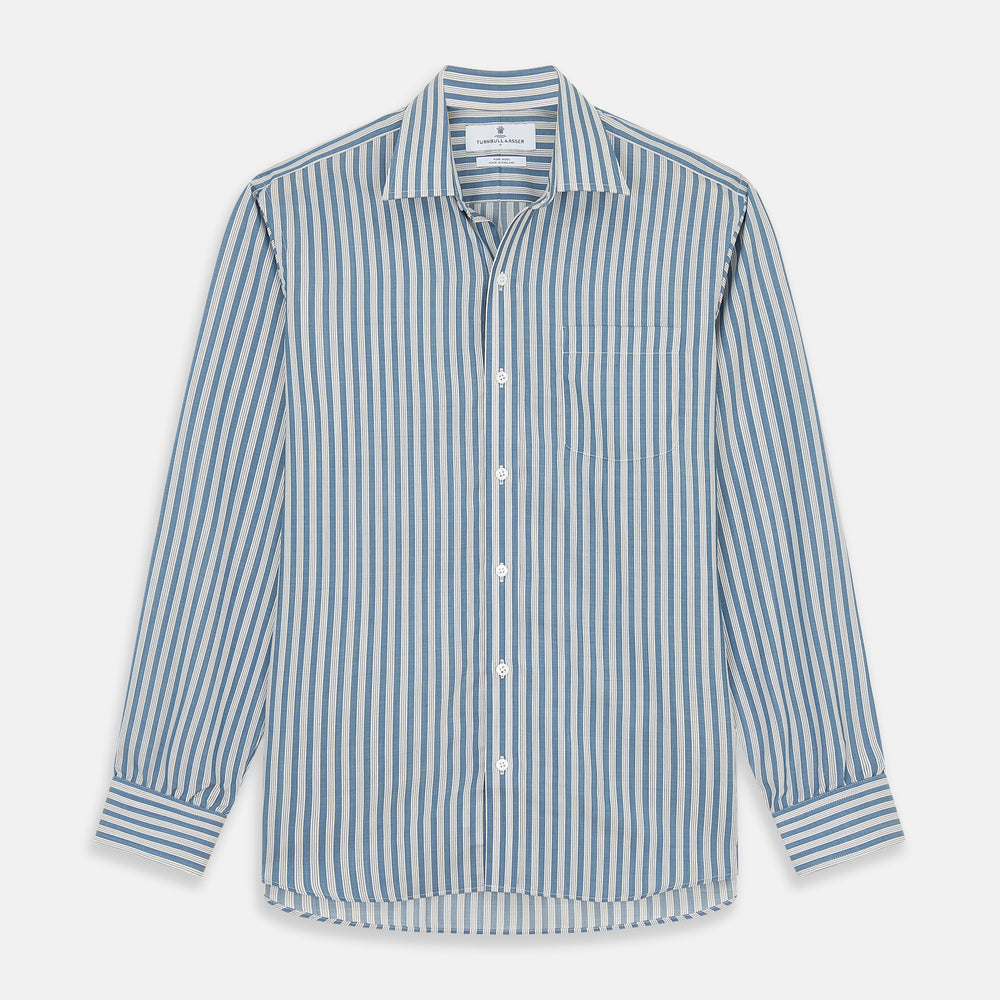 Pale Blue Multi Stripe Weekend Fit Wool Shirt with Derby Collar and 1 Button Cuffs