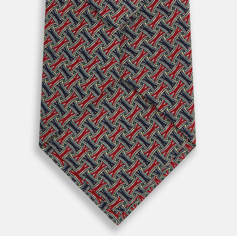 Red and Navy Weave-Patterned Printed Silk Tie