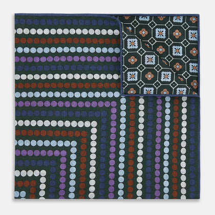 Forest Green Dots and Floral Tile Double-Sided Silk Pocket Square