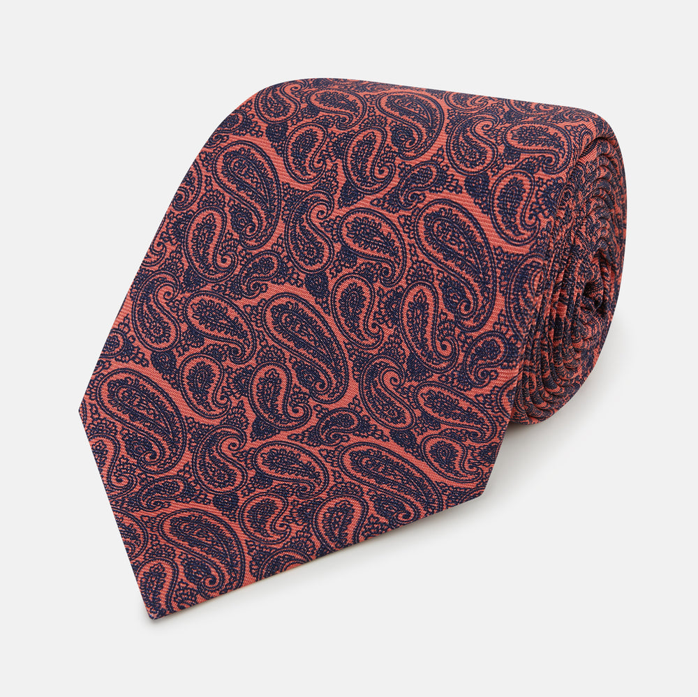 Orange Paisley Printed Silk Tie