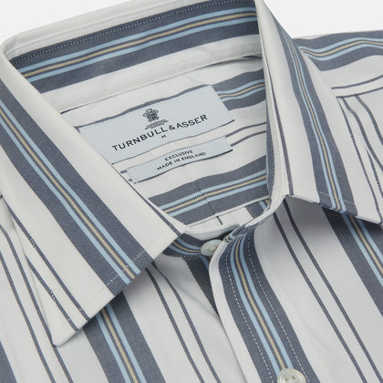Blue, Green & White Stripe Weekend Fit Shirt with Derby Collar & 1-Button Cuffs Image 3