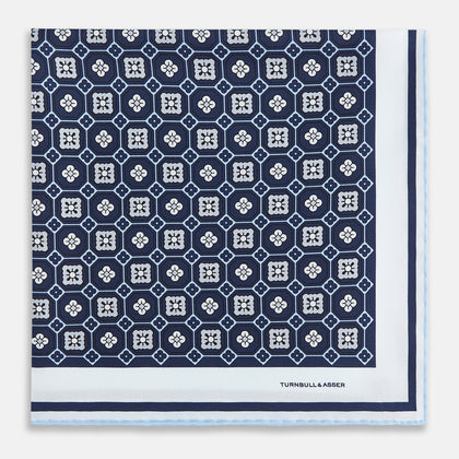 Navy Floral Tile Silk Pocket Square Image 2