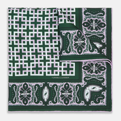 Forest Green Square-Patterned and Paisley Patterned Silk Pocket Square