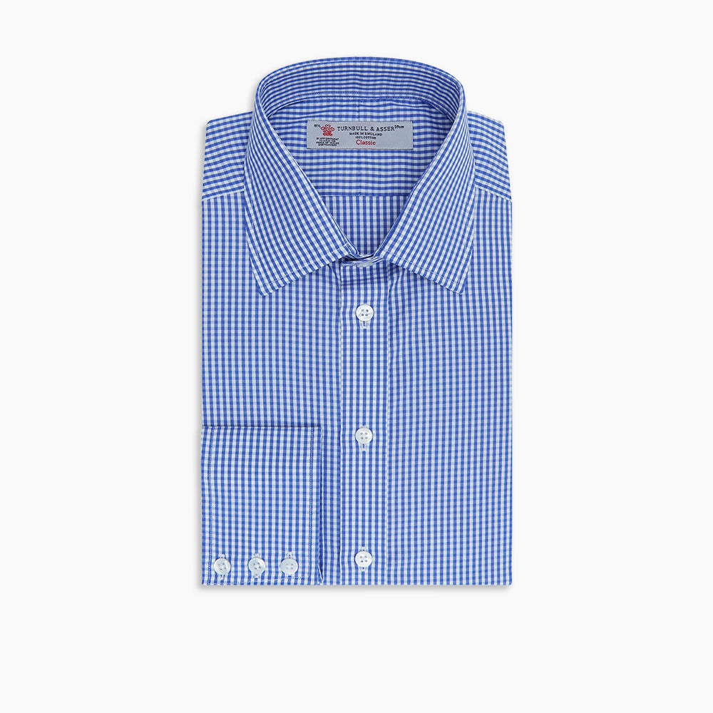 Mid-Blue Gingham Check Shirt with T&amp;A Collar and 3-Button Cuffs