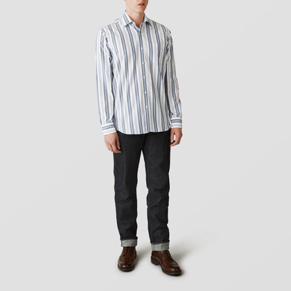Blue, Green & White Stripe Weekend Fit Shirt with Derby Collar & 1-Button Cuffs Image 1