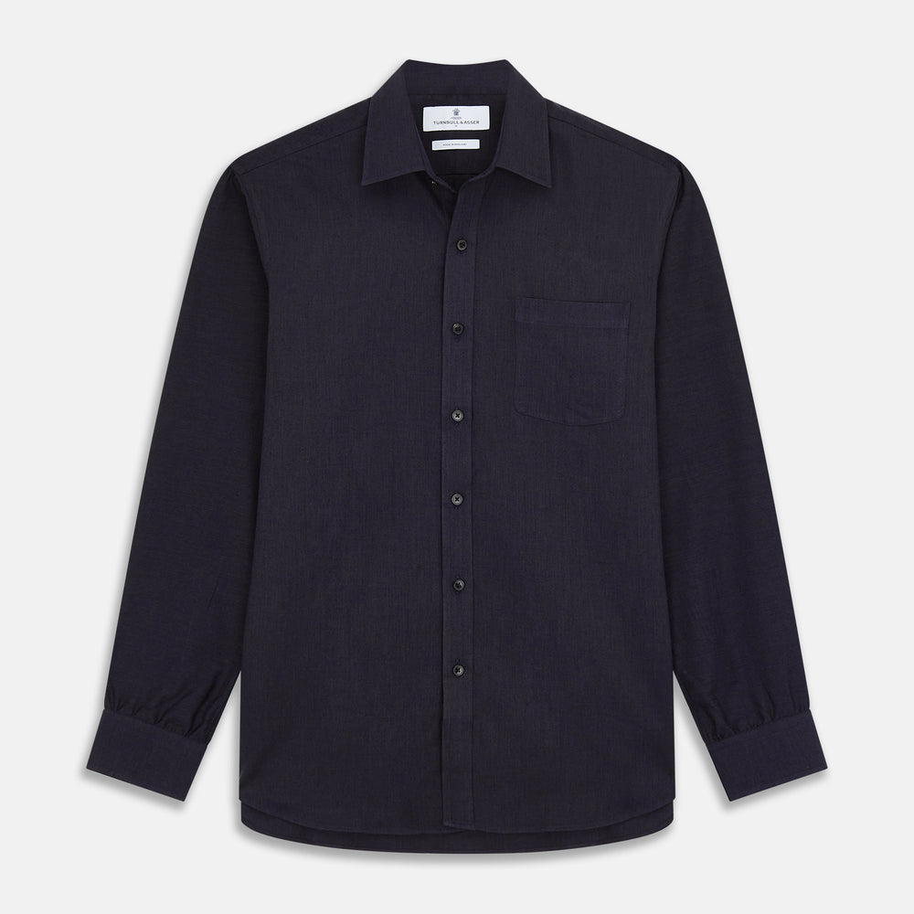 Navy Weekend Fit Cotton & Wool Shirt with Derby Collar and 1 Button Cuffs