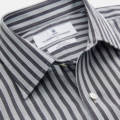 Navy Multi Stripe Weekend Fit Wool Shirt with Derby Collar and 1 Button Cuffs Image 1