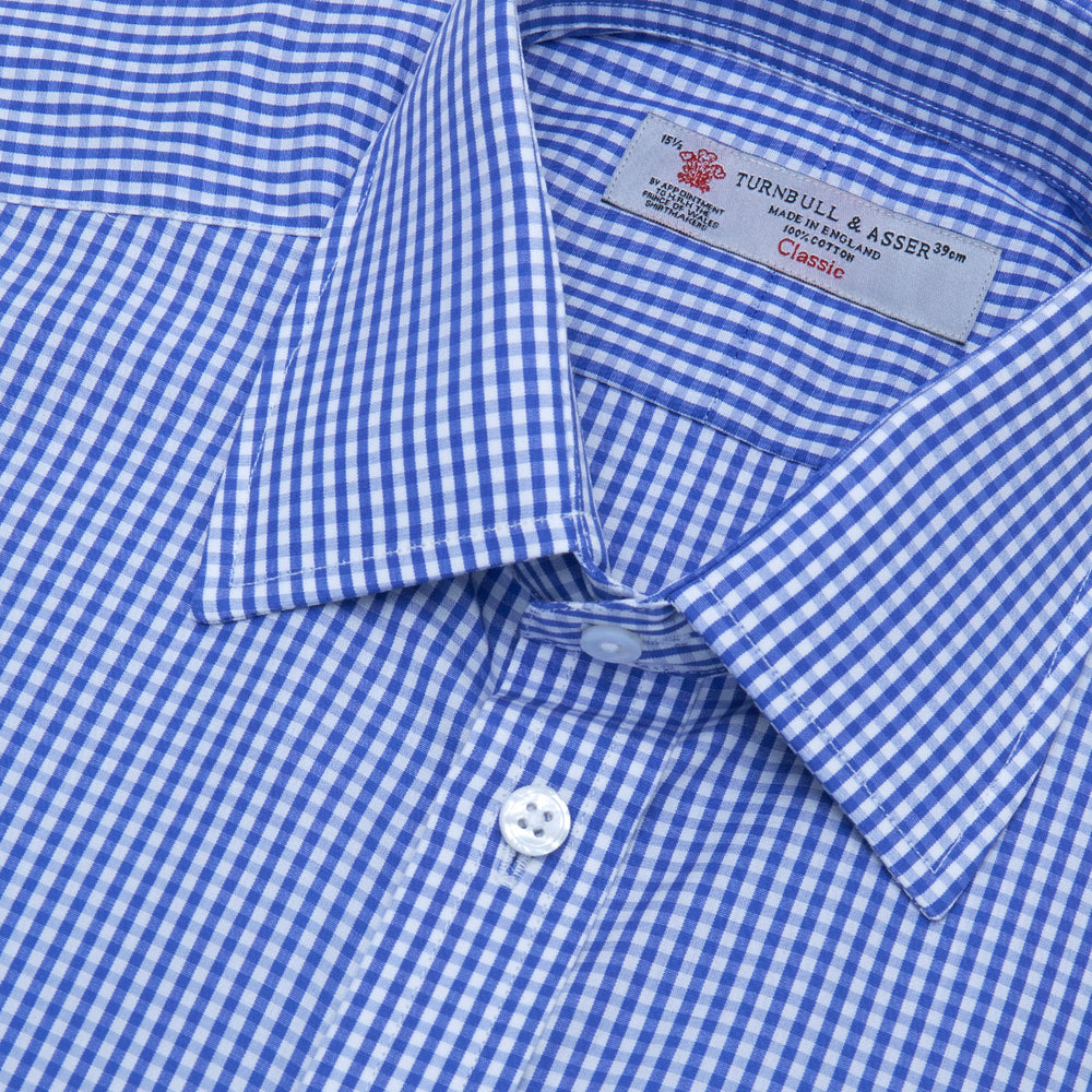 Mid-Blue Gingham Check Shirt with T&amp;A Collar and 3-Button Cuffs