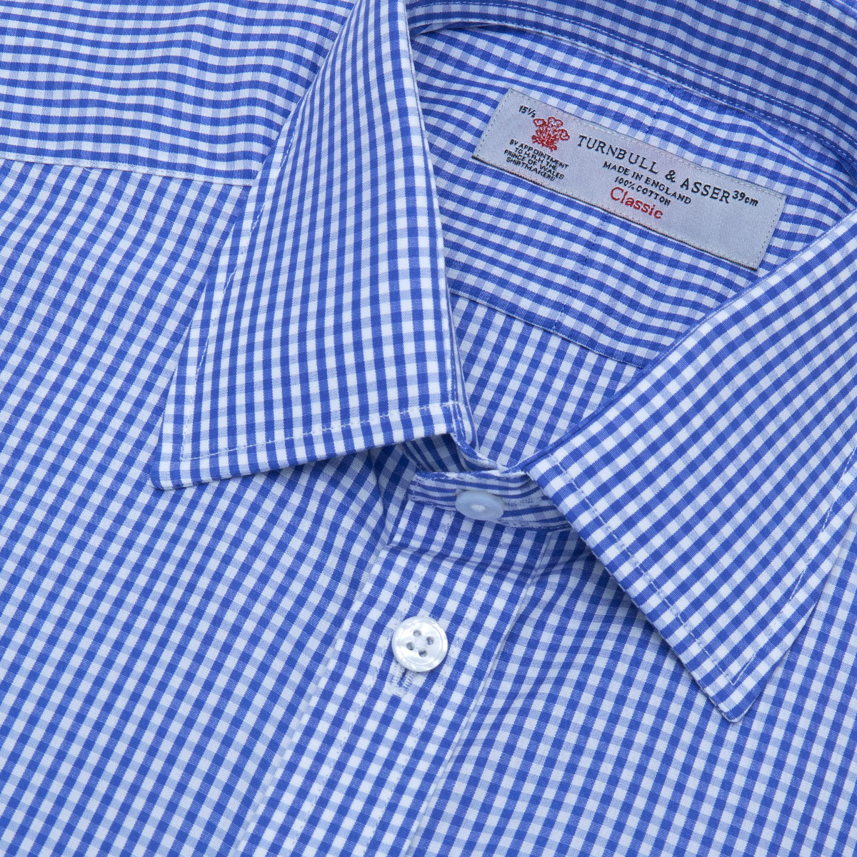 View 5 of product Mid-Blue Gingham Check Shirt with T&amp;A Collar and 3-Button Cuffs