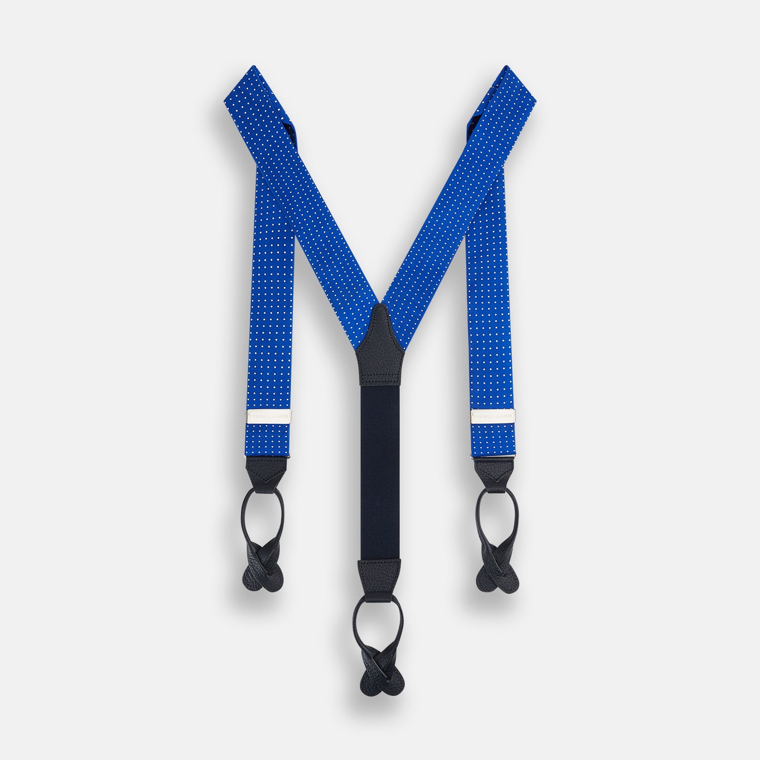 View 1 of product Pale Blue & White Small Spot Adjustable Silk and Navy Leather Braces