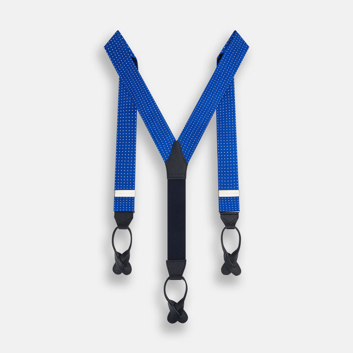 Pale Blue & White Small Spot Adjustable Silk and Navy Leather Braces