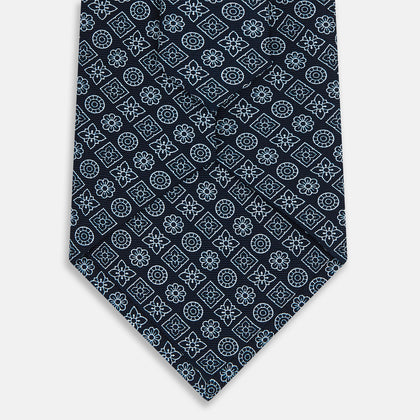 Navy Floral Tile Pattern Printed Silk Tie Image 2
