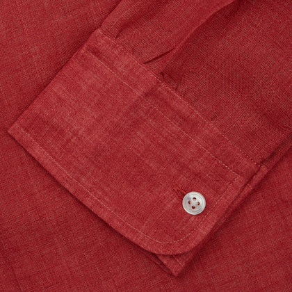 Plain Red Linen Weekend Fit Shirt with Stand Collar Image 4
