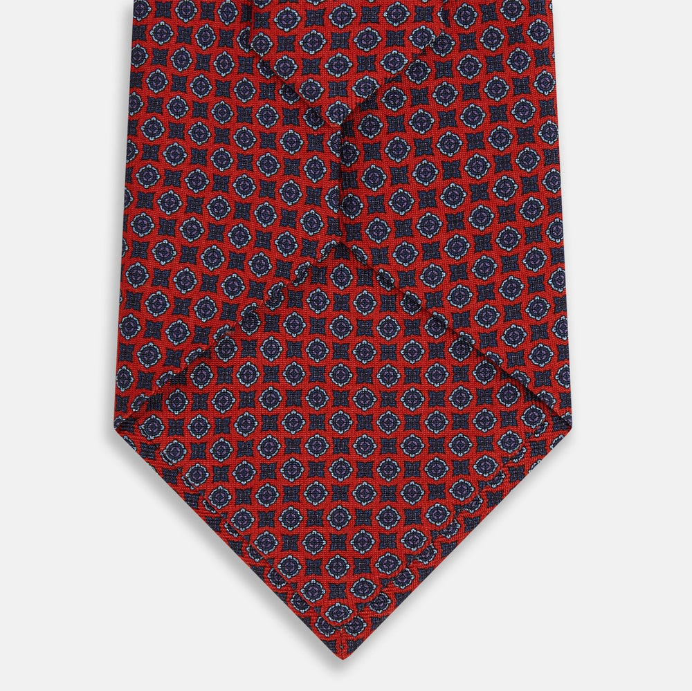 Red and Blue Geometric Floral Silk Tie