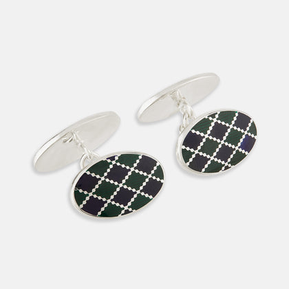 Forest Green and Navy Checkered Oval Enamel Chain Cufflinks