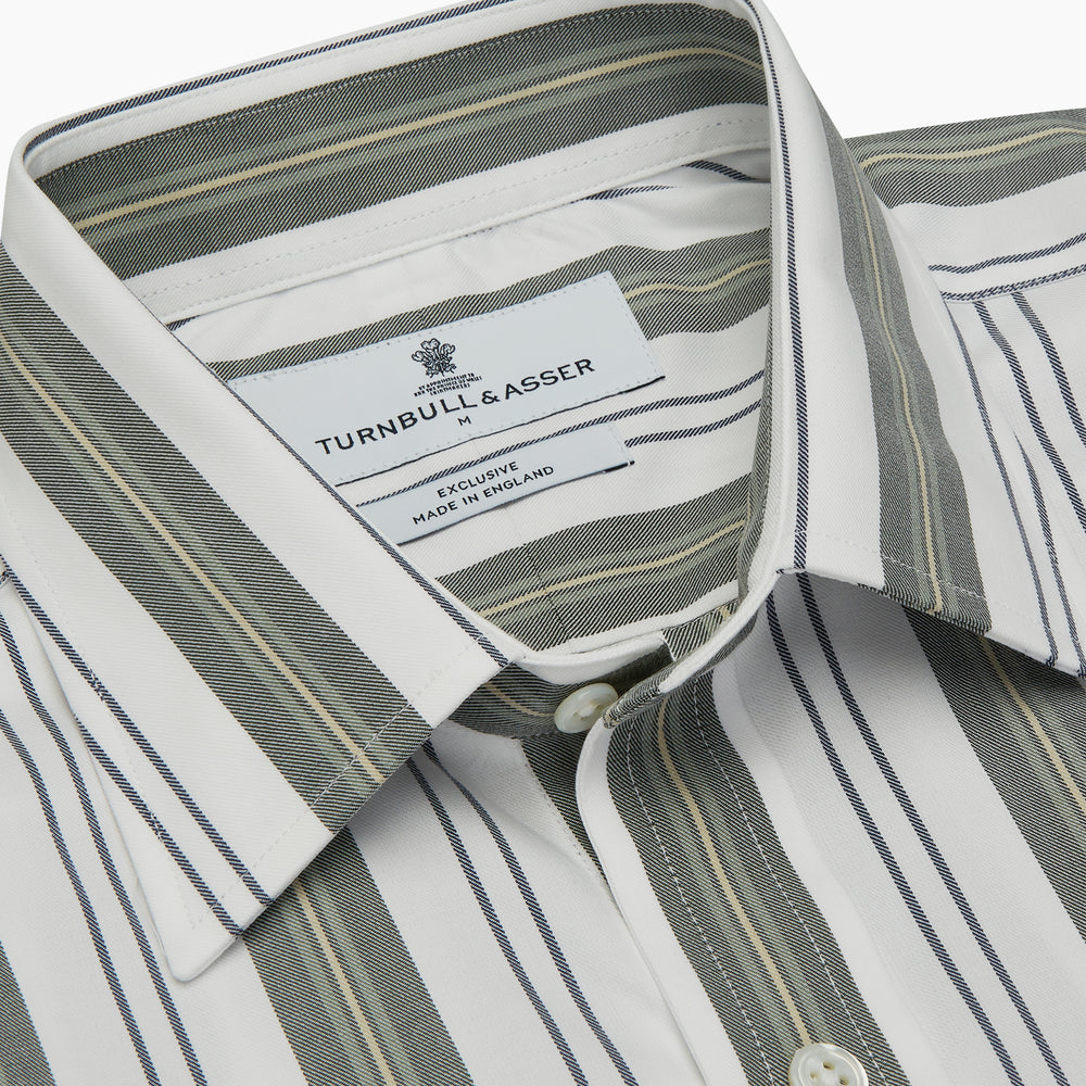 Green, Blue & White Stripe Weekend Fit Shirt with Derby Collar & 1-Button Cuffs