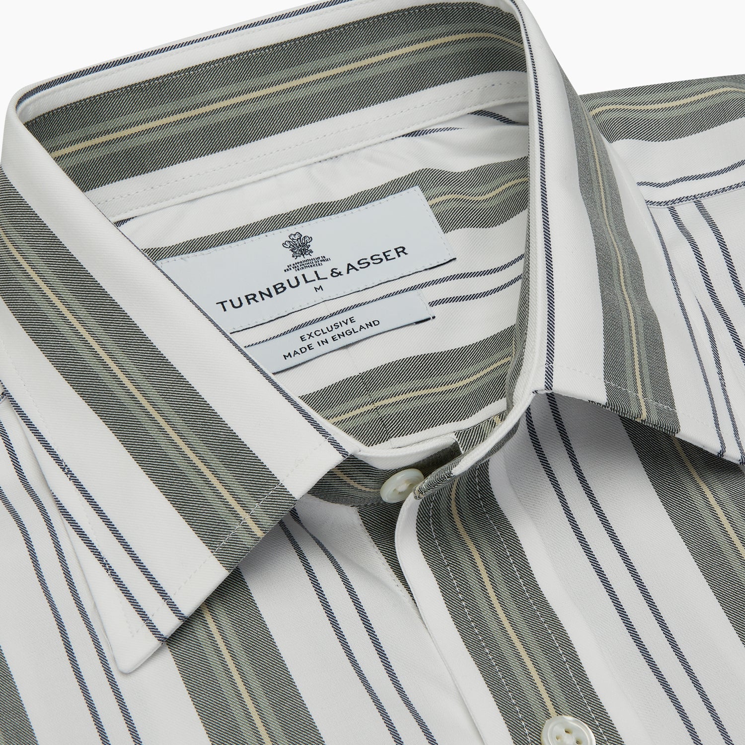 View 4 of product Green, Blue & White Stripe Weekend Fit Shirt with Derby Collar & 1-Button Cuffs