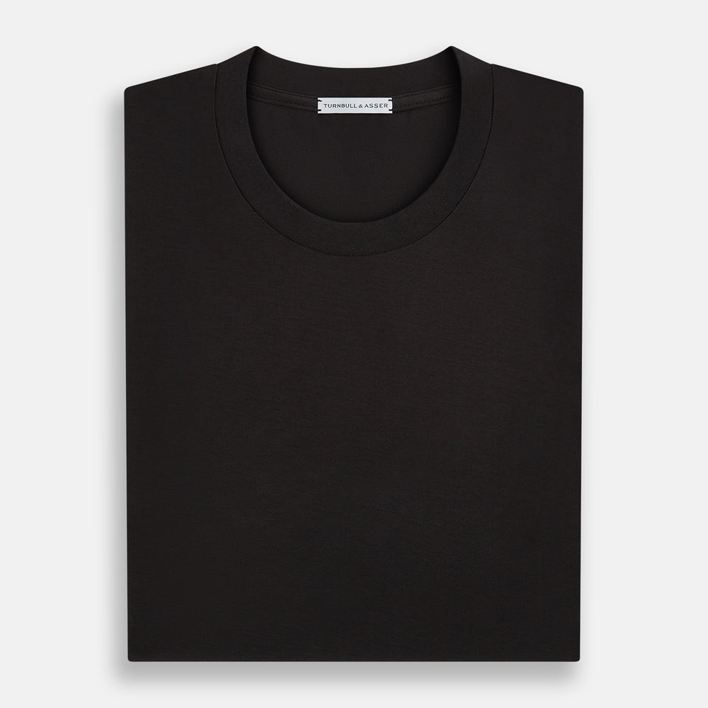 The Turnbull & Asser Dark Chocolate Short-Sleeve T-shirt features a crew neckline and quality fabric, shown against a white background to highlight its timeless appeal.
