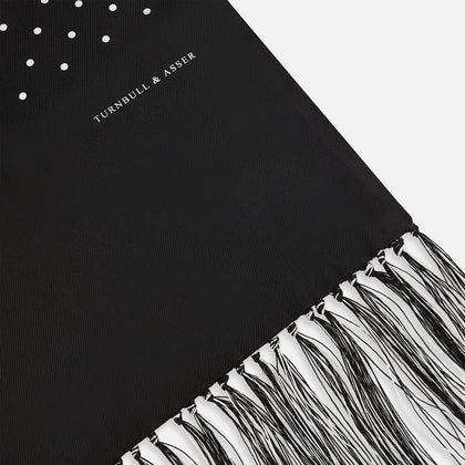 Black and White Spotted Silk Scarf with Fringes